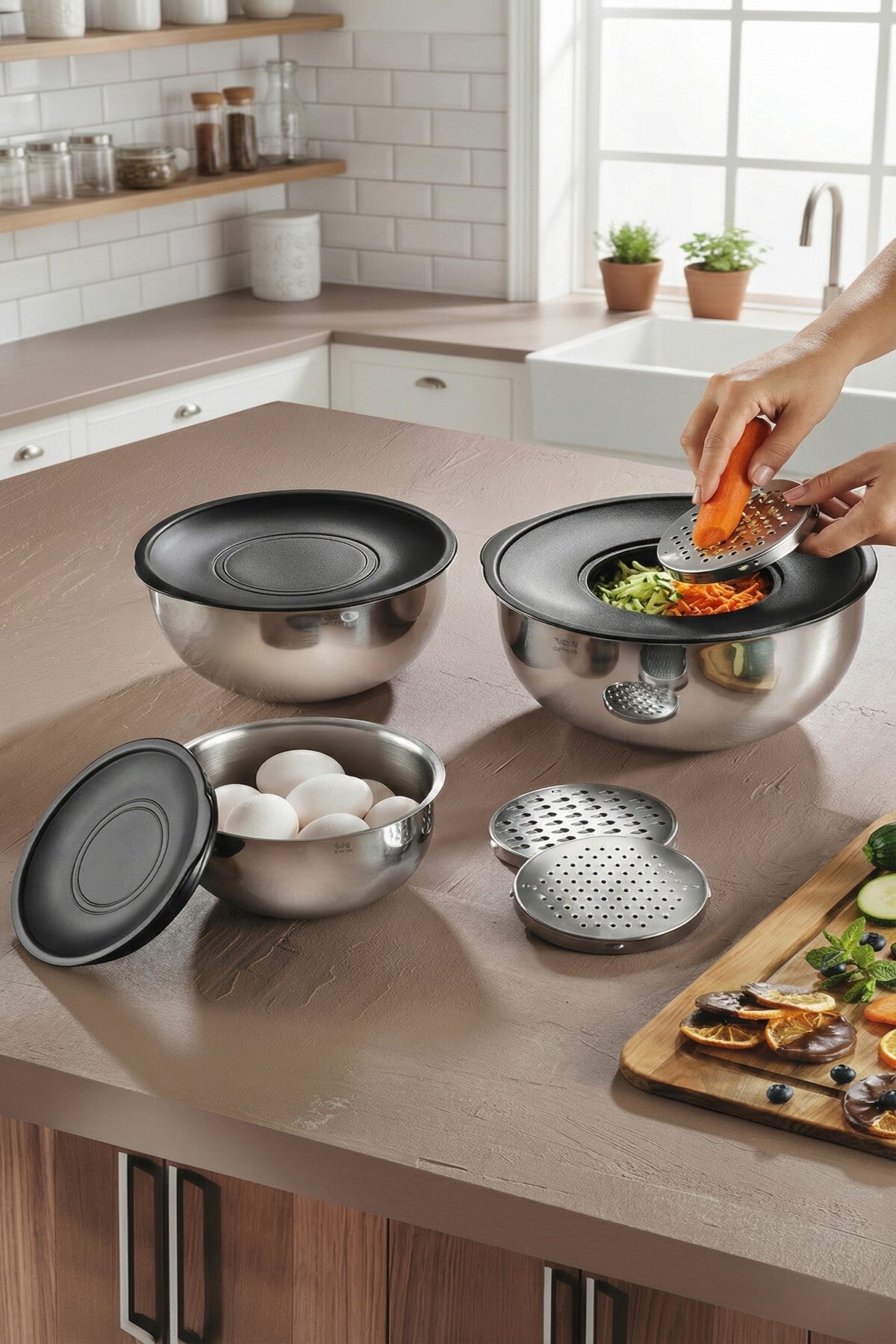 3'lü 304 Çelik Rendeli Saklama ve Karıştırma Kabı Seti (16 cm-1,35 Lt, 20 cm-2,70 Lt, 24 cm-4,60 Lt)
