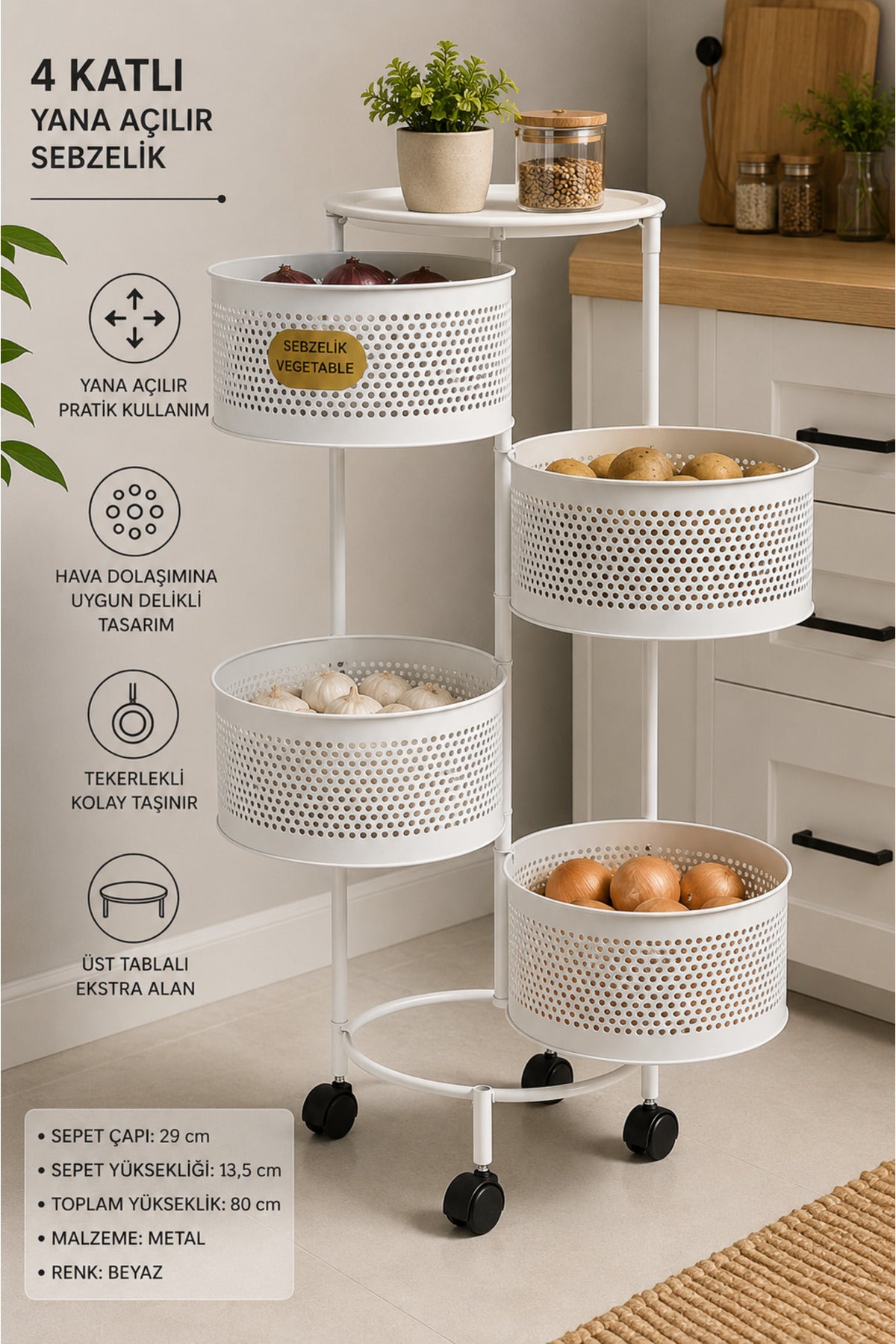 4 Katlı Yana Açılır Metal Sebzelik, Beyaz, Tekerlekli, Üst Tablalı, 80 cm