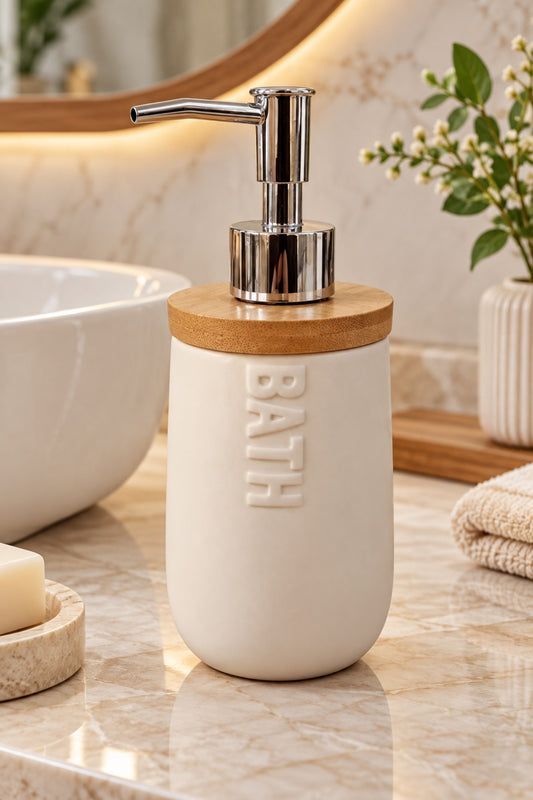 Seramik Sıvı Sabunluk Bambu Kapaklı 460 ml 8,5x20 cm – Krem