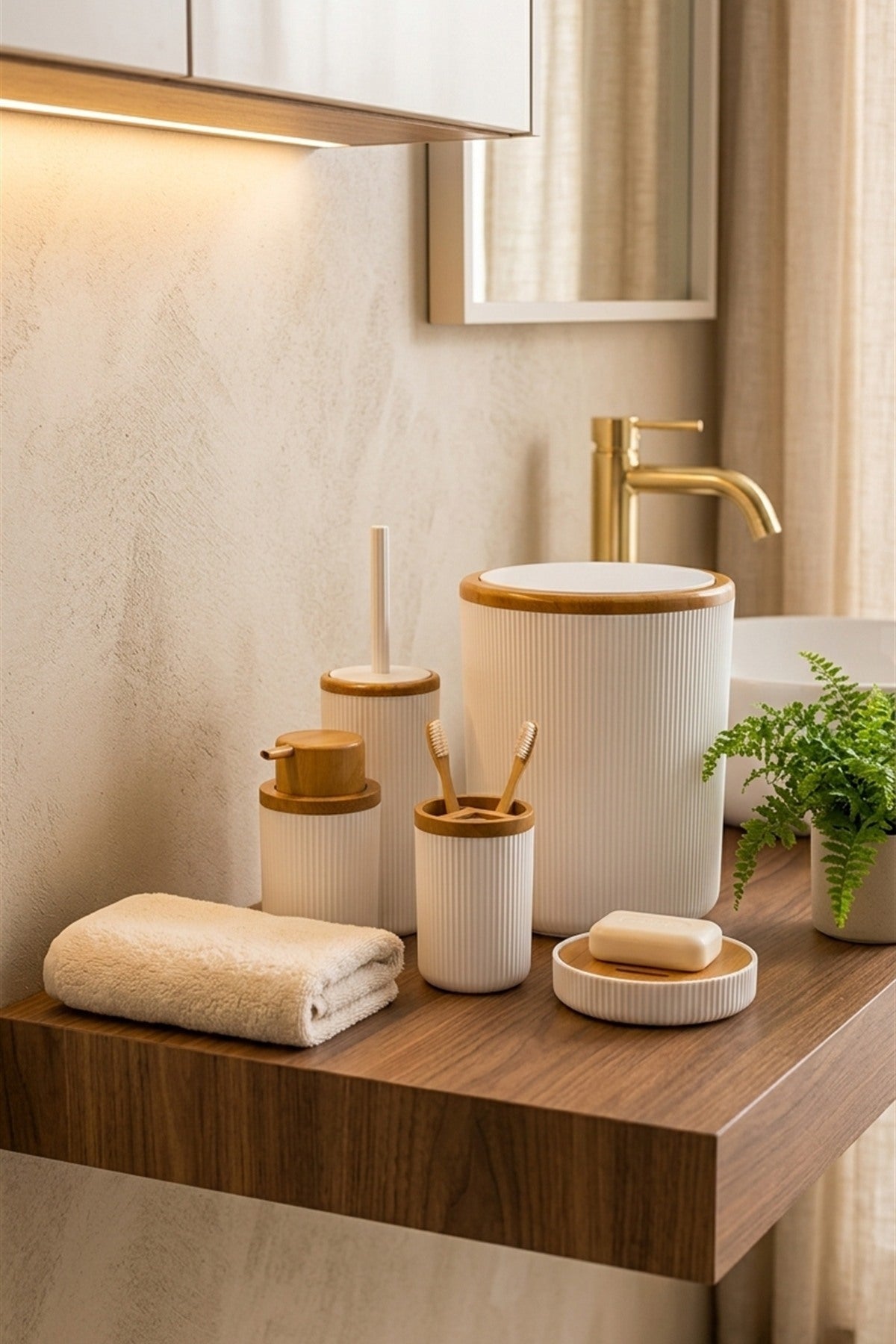 Beyaz Bambu Desenli Nola 5 Parça Banyo Seti, 6 litre