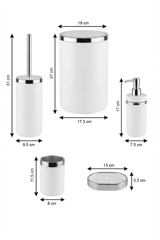 Banyo Seti 5'li, Yuvarlak, Akrilik-Çöp Kovası, WC Fırçalık, Sıvı Sabunluk, Diş Fırçalık, El Sabunluk