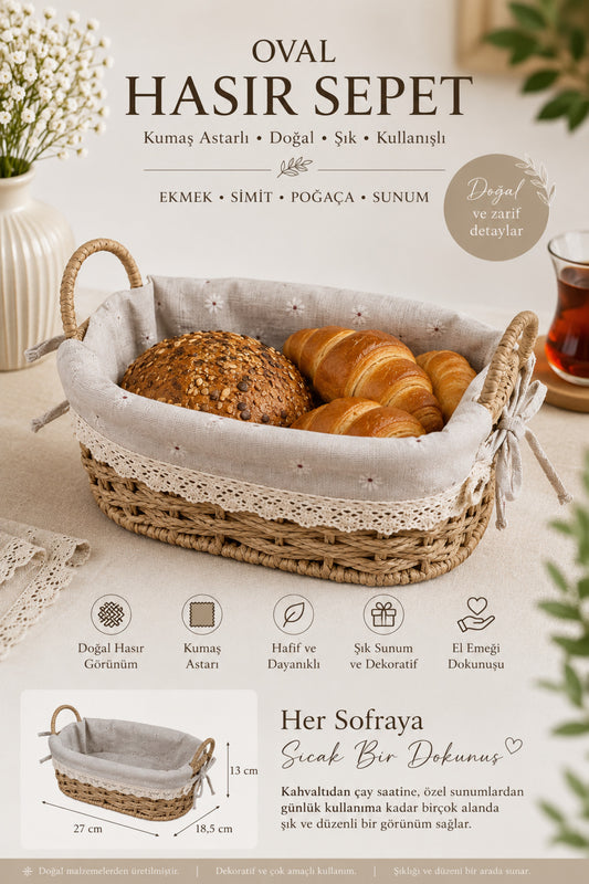 Bambu Hasır Ekmek ve Sunum Sepeti Kumaş Astarlı Kompakt Boy