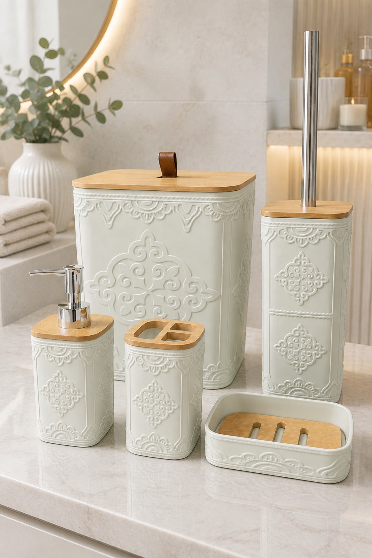 Doğal Bambu Detaylı 5 Parça Banyo Seti, 8 litre, 21 x 19 x 25 cm – Adaçayı Yeşil