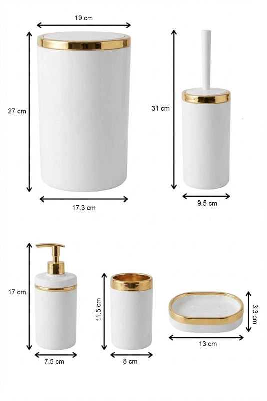Banyo Seti 5'li, Akrilik-ÇöpKovası, WC Fırçalık, Sıvı Sabunluk, Diş Fırçalık, El Sabunluk, Gold Renk Detay