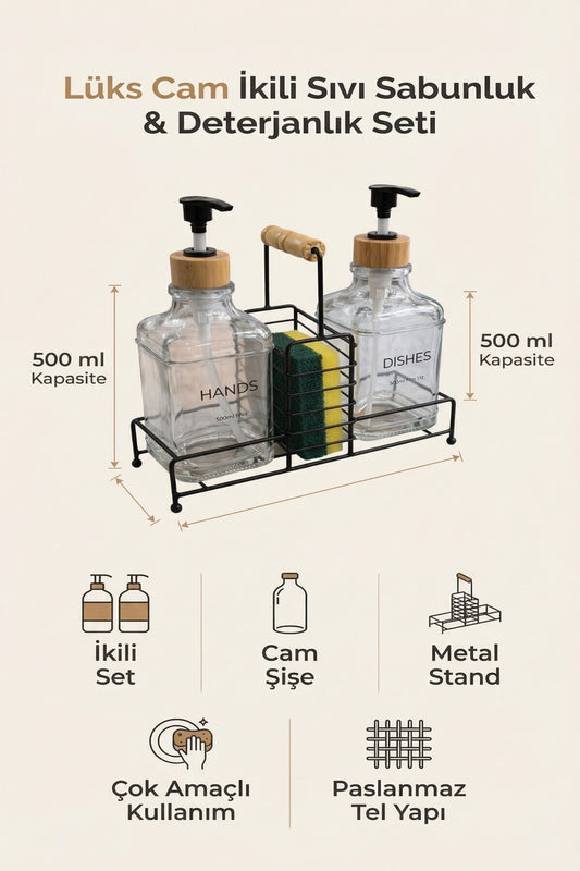 Lüks Cam Ikili Sıvı Sabunluk & Deterjanlık Seti- 500 Ml Cam Sabunluk, Bambu Kulplu Metal Stantlı