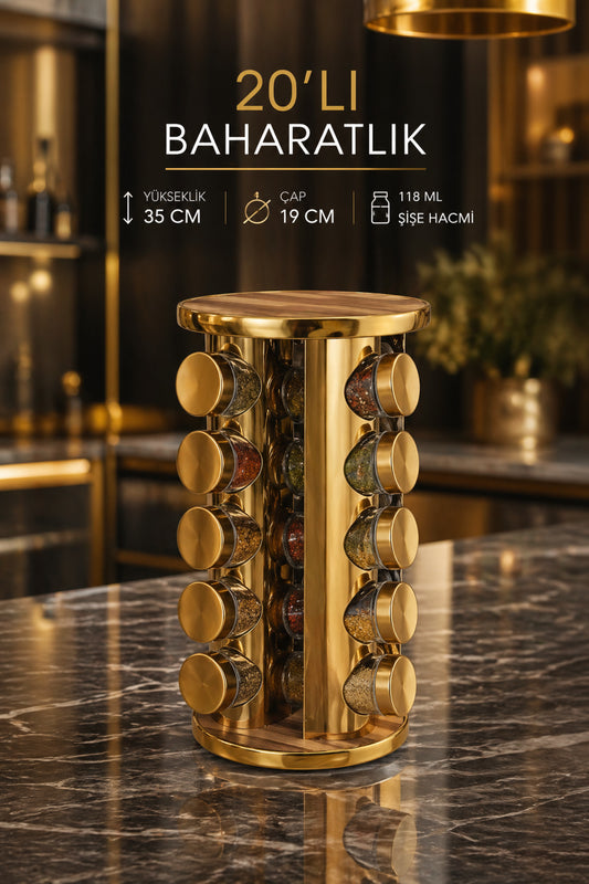 20’li Ahşap Desenli Gold Yuvarlak 360° Döner Standlı Baharatlık Cam Kavanoz Seti 118 ml
