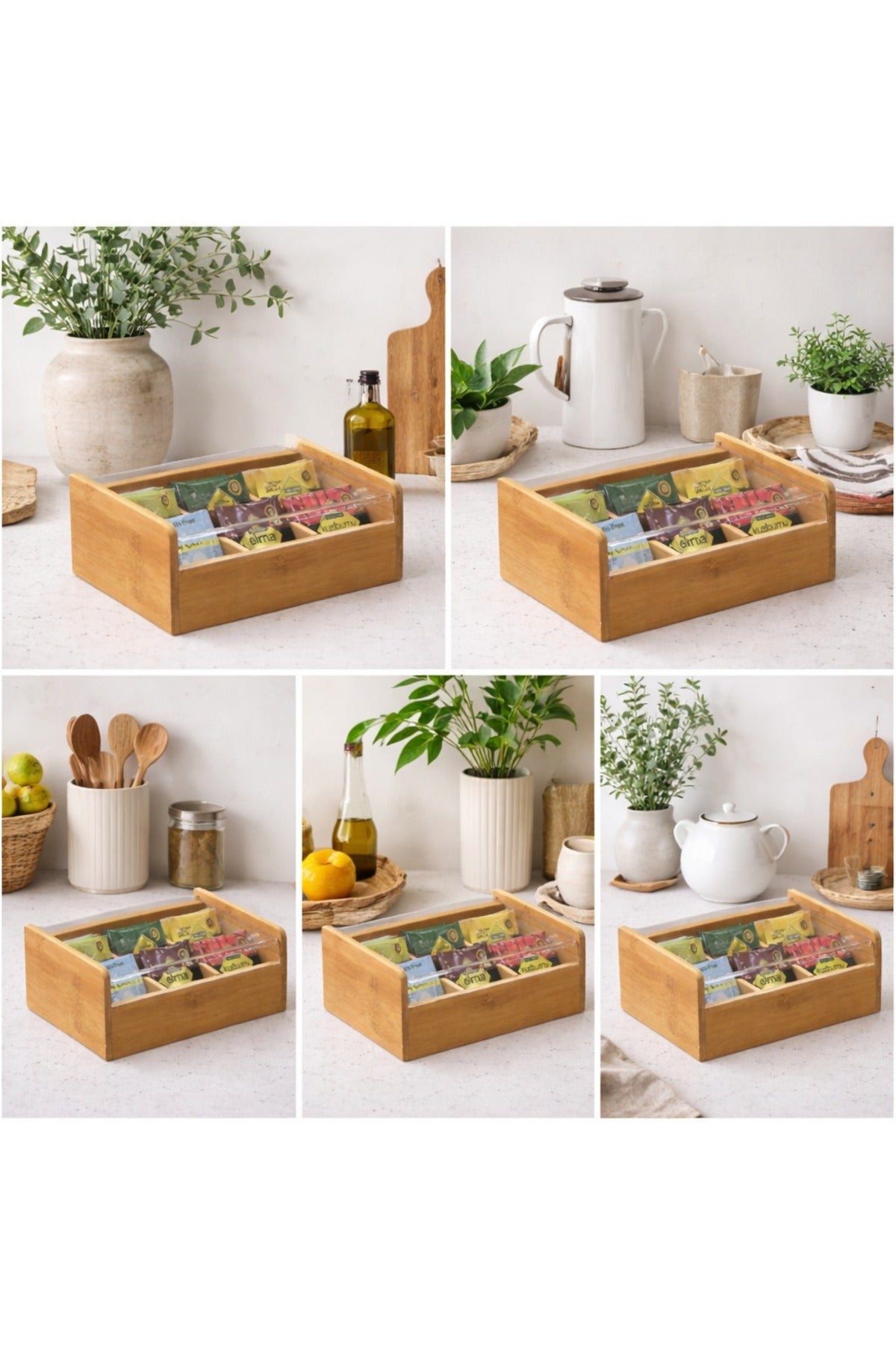 Bambu Çay Kutusu Şeffaf Kapaklı Poşet Çay Saklama Organizatörü Bölmeli Tea Box