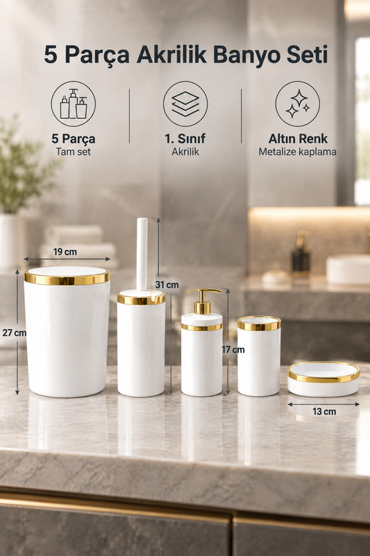 Banyo Seti 5'li, Akrilik-ÇöpKovası, WC Fırçalık, Sıvı Sabunluk, Diş Fırçalık, El Sabunluk, Gold Renk Detay – Beyaz