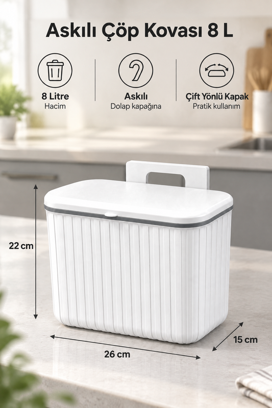 Askılı Çöp Kovası- Beyaz- Çift Yönlü Kapaklı - 8 Litre
