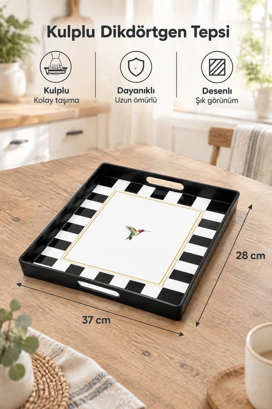 40cm X 30 Cm Boyutlarında Şık Desenli Ve Kullanışlı Kulplu Dikdörtgen Tepsi – Beyaz çiçekli2