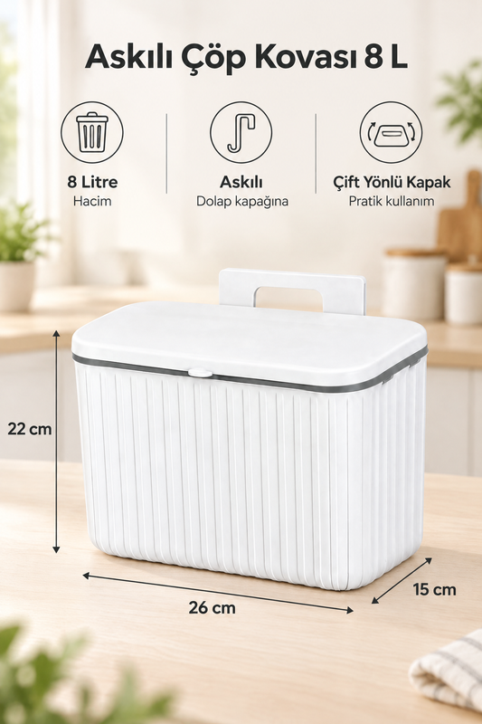 Pratik Askılı Çöp Kovası- - Çift Yönlü Kapaklı - 8 Litre – Beyaz
