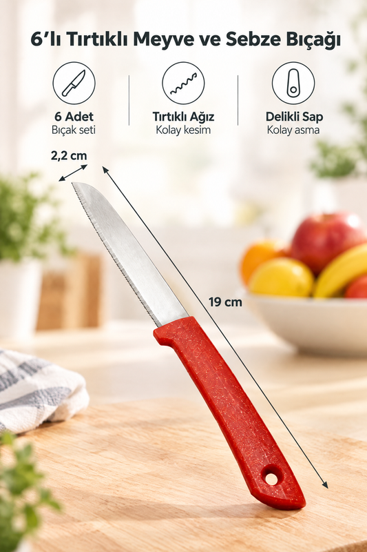 6'lı Orijinal Tırtıklı Meyve Ve Sebze Bıçak Seti – Kırmızı