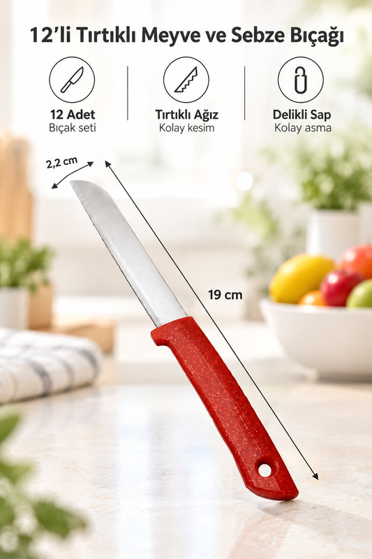 12'li Tırtıklı Meyve Ve Sebze Bıçak Seti – Kırmızı