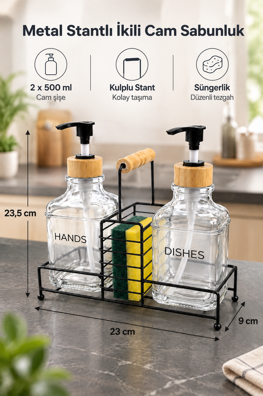 Lüks Cam Ikili Sıvı Sabunluk & Deterjanlık Seti- 500 Ml Cam Sabunluk, Bambu Kulplu Metal Stantlı – Siyah