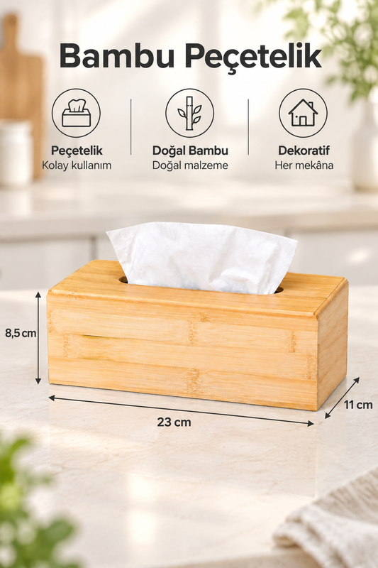 Bambu Peçetelik, 23 cm x 11 cm x 8,5 cm ebatlarında Doğal Bambu Ahşap Peçetelik