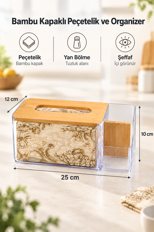 Bambu Kapaklı Plastik Peçetelik ve Organizer, 25 x 12 x 10 cm