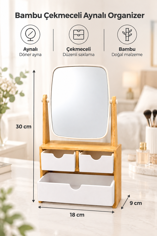 Bambu Çekmeceli Ayna – Aynalı Organizer, 30 x 18 x 9 cm
