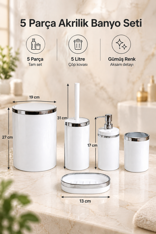 5 Parça Akrilik Banyo Seti, Şık ve Kaliteli Akrilik, Gümüş Renk Detaylı – Beyaz