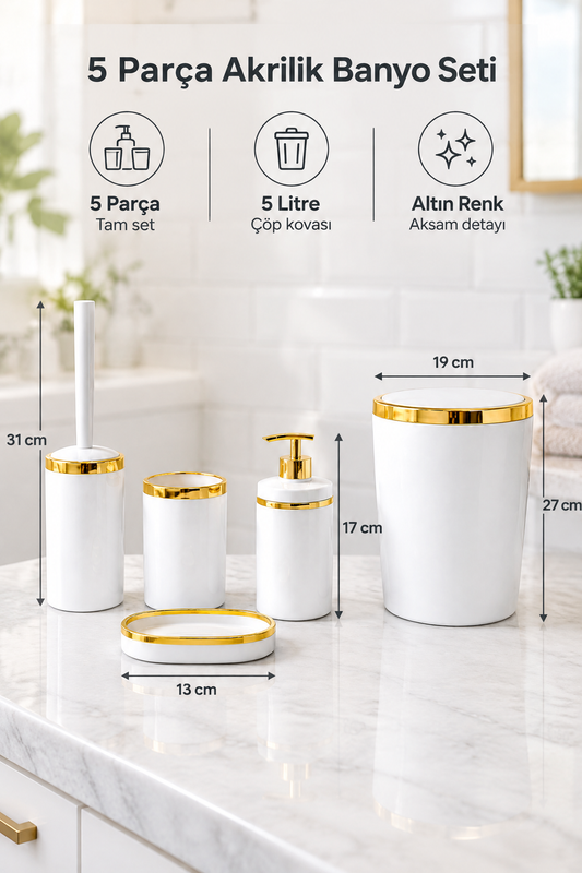 5 Parça Akrilik Banyo Seti, Şık ve Kaliteli Akrilik, Altın Renk Detaylı – Beyaz