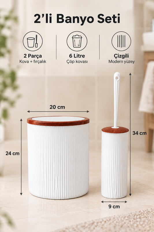 Elegan Kahve Beyaz 2’li Banyo Seti – 6 litre Çöp Kovası & WC Fırçalık Takımı