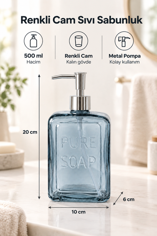 Renkli Cam Sıvı Sabunluk, 500 ml – Mavi