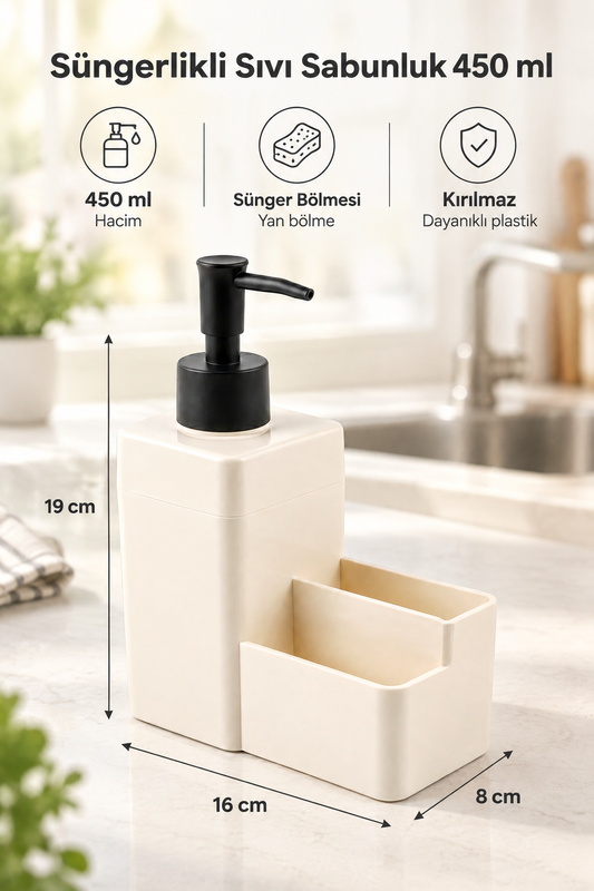 Diamond Süngerlikli Sıvı Sabunluk 450 ml (19x16x8 cm) – Krem