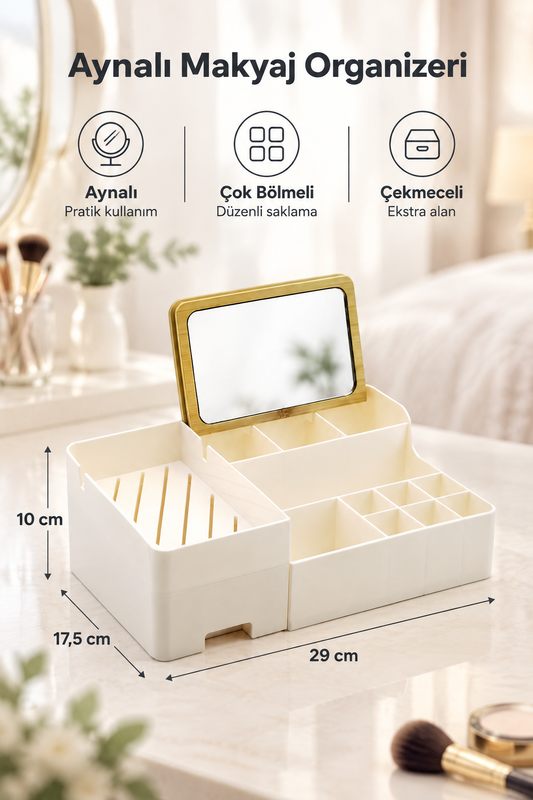 Bambu Aynalı Kozmetik Takı Makyaj Organizer, 29 x 17,5 x 10 cm, Portatif Bambu Aynalı