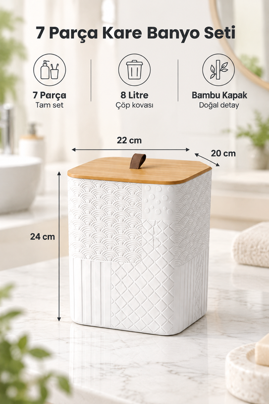 7 Parça Desenli Kare Kapaklı Banyo Seti, Hacim: 8 litre – Beyaz Bambu