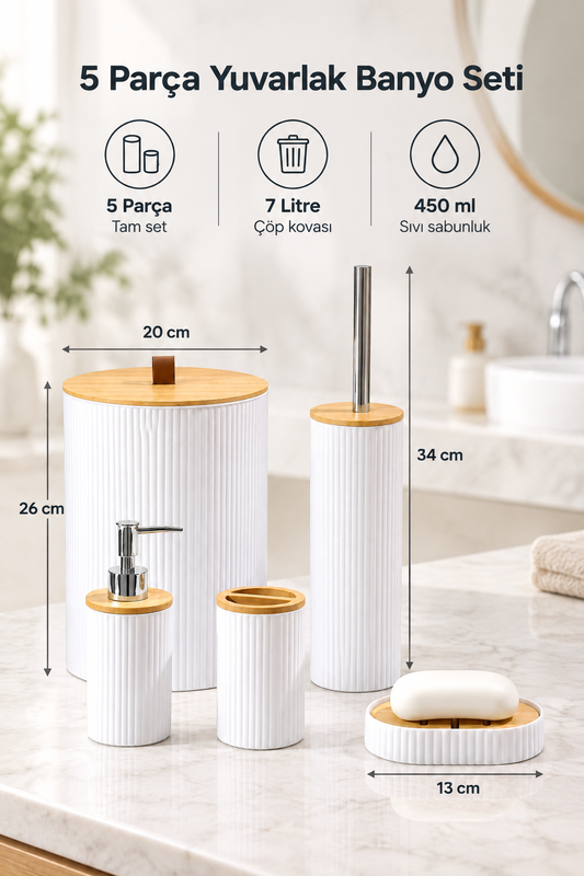 5 Parça Yuvarlak Banyo Seti, Bambu Kapaklı, Hacim: 7 litre – Beyaz