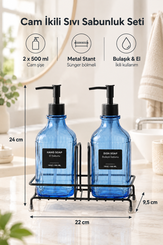 Modern Çizgili Desenli Cam Ikili Sıvı Sabunluk & Deterjanlık Seti, - 500 Ml Cam Sabunluk – Mavi