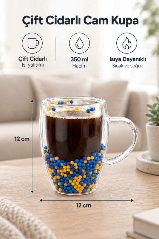 Çift Cidarlı Cam Kupa 350 ML – Isıya Dayanıklı – Sarı Lacivert