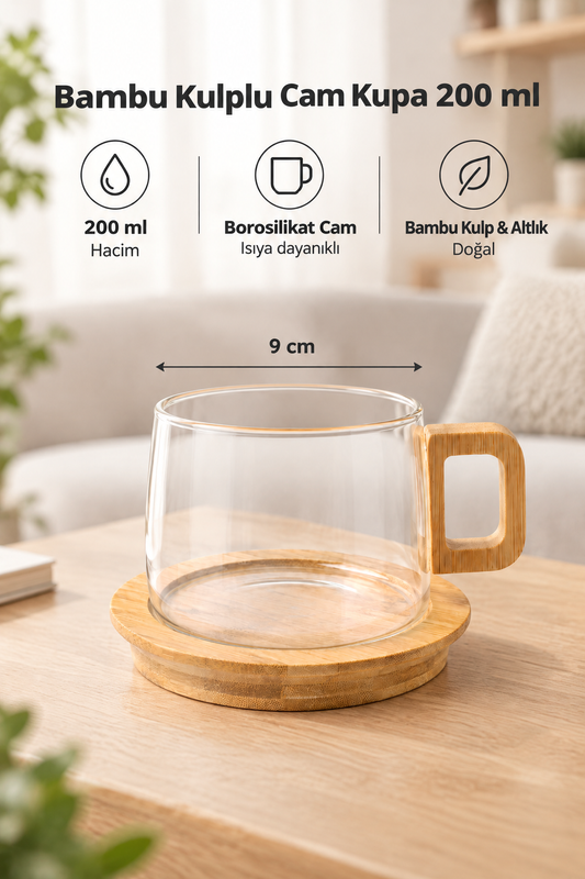 Bambu Kulplu ve Altlıklı Cam Kupa 200 ml – Borosilikat Cam – Çizgili