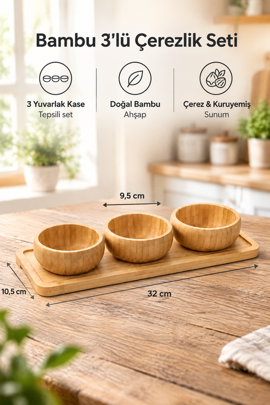 Bambu 3'lü Çerezlik & Kuruyemiş Sunum Seti Yuvarlak– Tepsili, Doğal Ahşap Servis Kasesi
