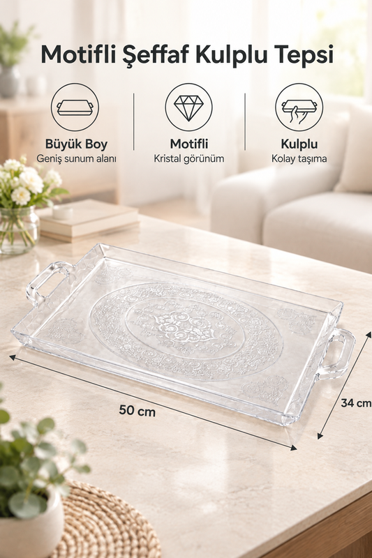 50x34 cm Şeffaf Motifli Büyük Boy Plastik Kulplu Tepsi, Şık Kristal Sunum Tepsisi