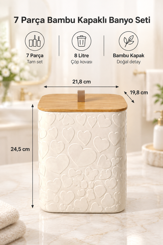 Desenli 7 Parça Bambu Kapaklı ve Aksesuarlı Banyo Seti – 311-7-A