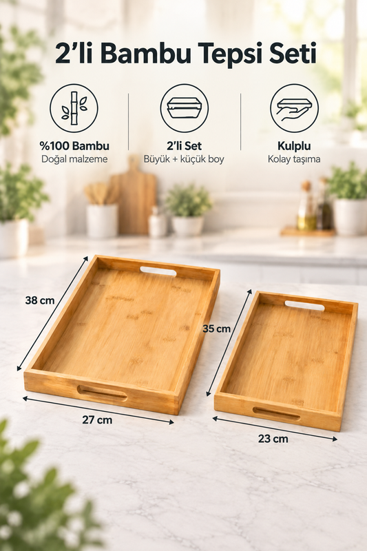 %100 Bambu 2’li Tepsi Seti, Büyük Tepsi: 38 x 27 x 3 cm, Küçük Tepsi: 35 x 23 x 3 cm