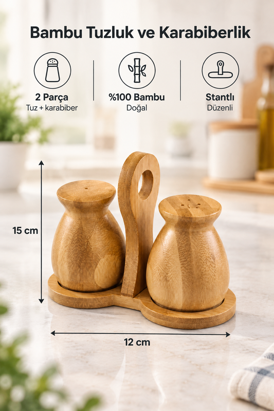 Kulplu Stantlı Bambu Tuzluk & Karabiberlik Seti – Doğal Bambu Baharatlık