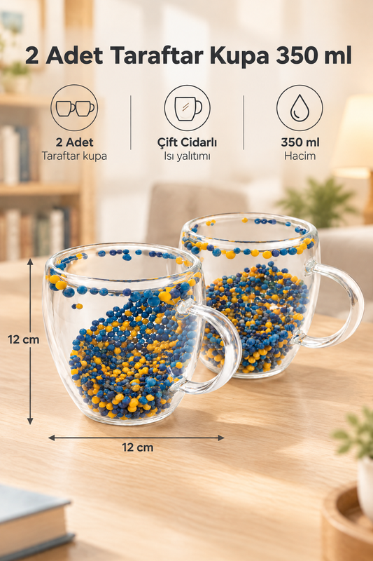 2 Adet Taraftar Kupa, 350 ml | Cidarlı Cam Taraftar Bardak – Sarı Lacivert