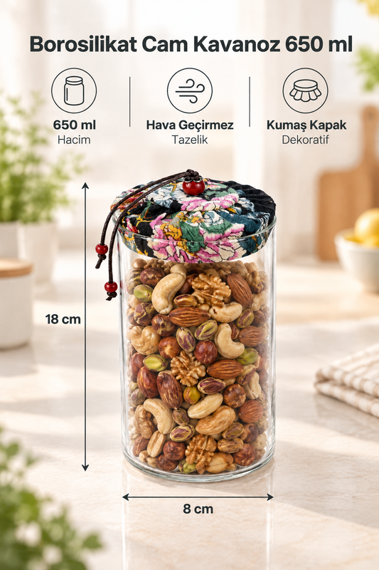 650 ml Borosilikat Cam Hava Geçirmez Kumaş Kaplama Bambu Kapaklı Kavanoz, çap: 8 cm, h: 18 cm – Siyah