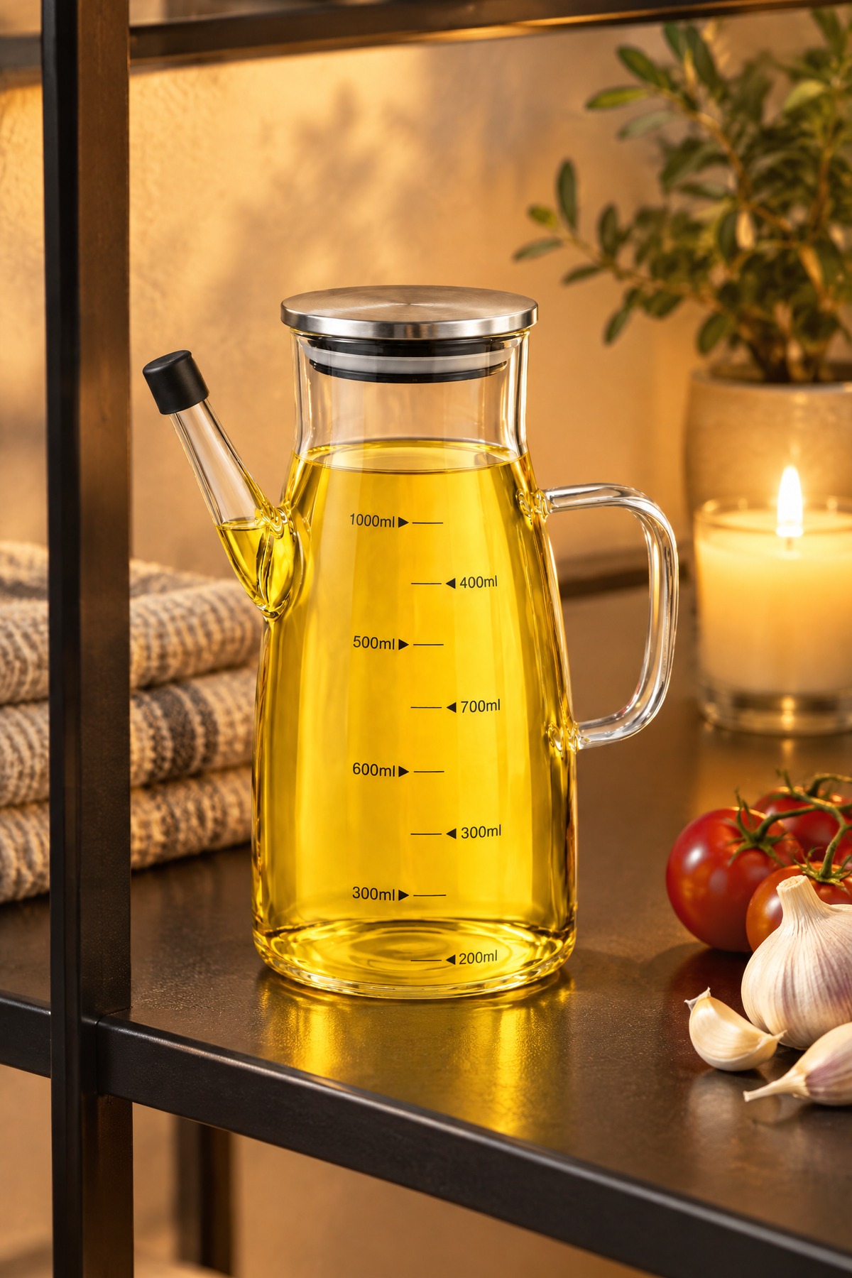 1000 ml Cam Yağlık Sirkelik Sürahi, 22 cm Yükseklik, 10 cm Çap, Paslanmaz Çelik Kapaklı