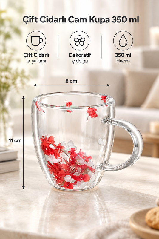 Çift Cidarlı Cam Kupa, 350 ml, 11 cm x 8 cm – Kırmızı Beyaz Çiçekli