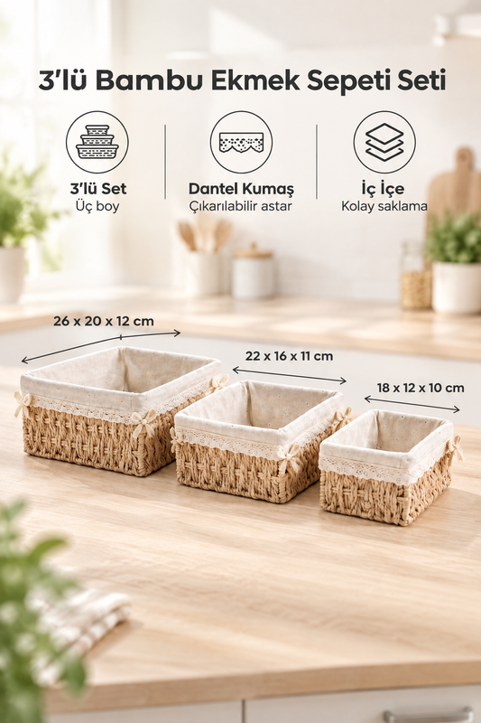 3’lü Bambu Ekmek Sepeti Seti, 26x20x12 cm, Metal Çerçeveli Dantelli Çiçek Desenli Kumaşlı Organizer