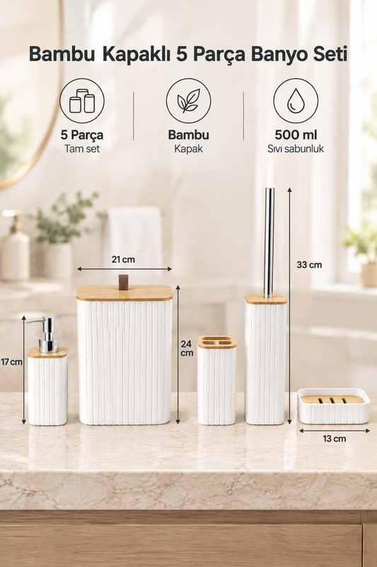 Bambu Kapaklı Çizgili Dikdörtgen 5 Parça Banyo Seti, 21 x 19 x 24 cm. – Beyaz