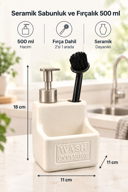 500 ml Seramik Sıvı Sabunluk Deterjanlık Fırçalık, 11x11x18 cm – Krem
