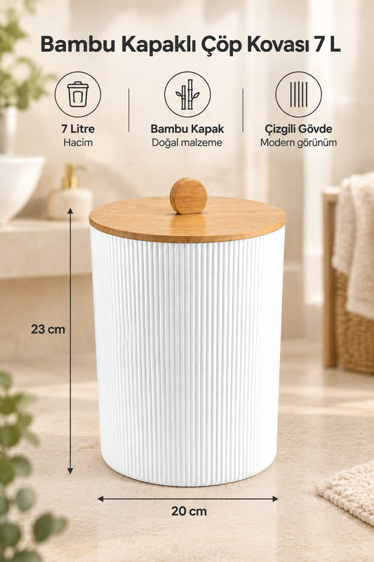 Doğal Bambu Kapaklı Çöp Kovası, 7 Litre, 20x23 cm Modern Şık Tasarım