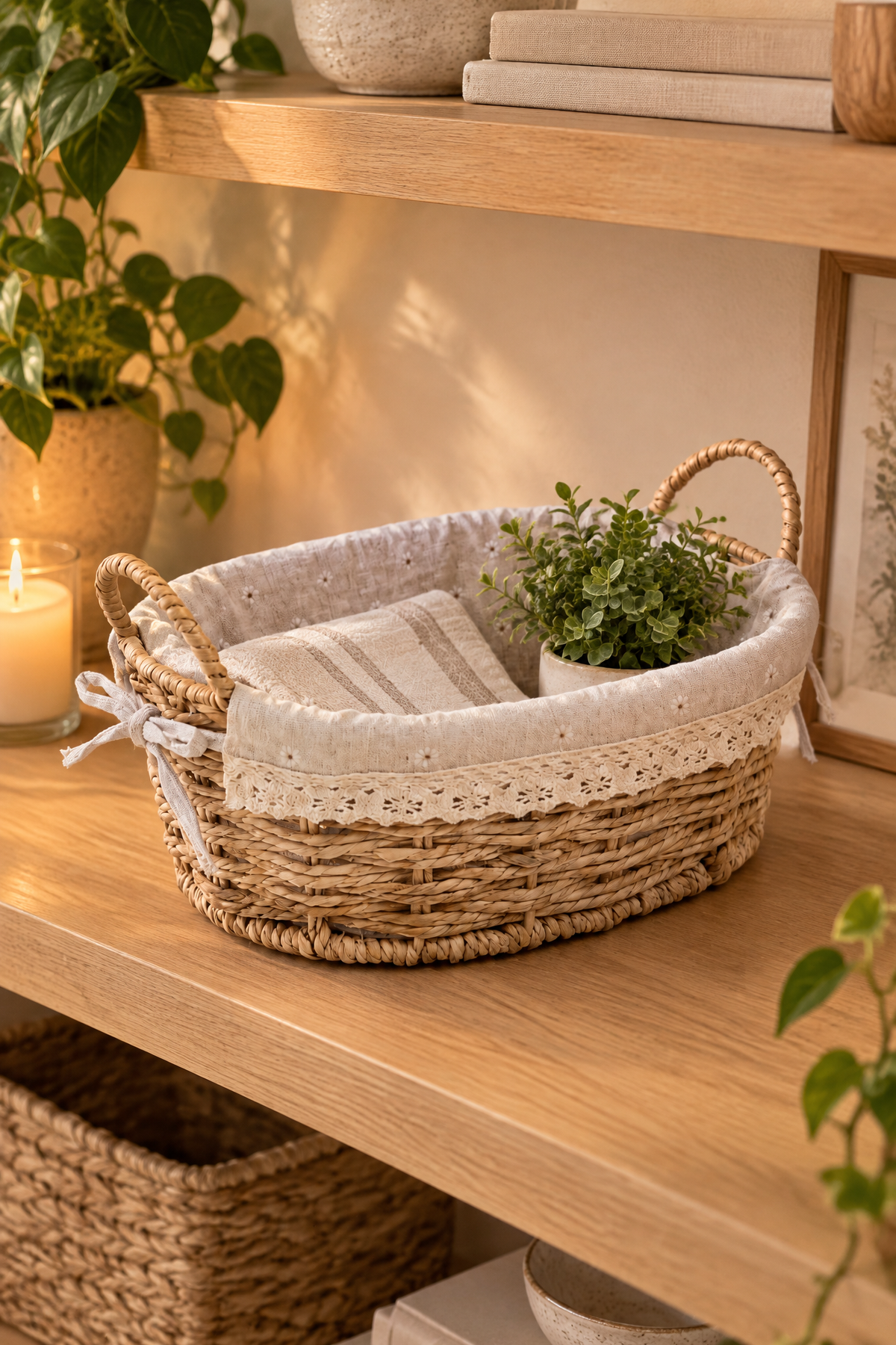 Ekmek Sepeti, x x 10 cm, Dantelli Çiçek Desenli Kumaş, Metal Çerçeve – Oval Bambu