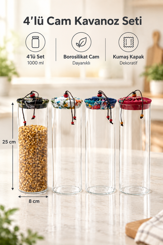 4’lü Cam Kavanoz Saklama Kabı Seti, çap:8 cm, Şık, Kullanışlı ve Dekoratif – 1000 ml