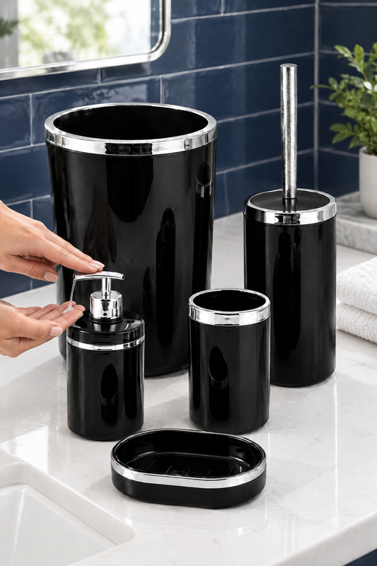 5 Parça Şık ve Kaliteli Akrilik Banyo Seti Siyah & Gümüş Detaylı