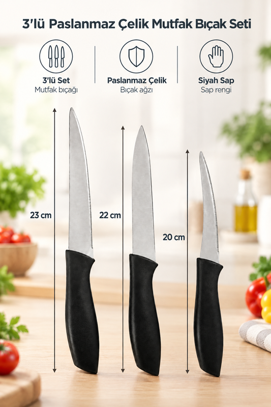 3'lü Paslanmaz Çelik Mutfak Bıçak Seti – 23 cm, 22 cm, 20 cm