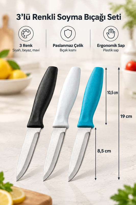 3'lü Renkli Soyma Bıçağı Seti (Siyah, Beyaz, Mavi) – 19 cm